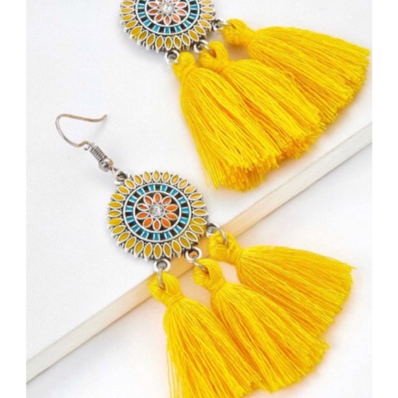 Jewelry - Rhinestone Detail Yellow Bohemian Tassel Earrings